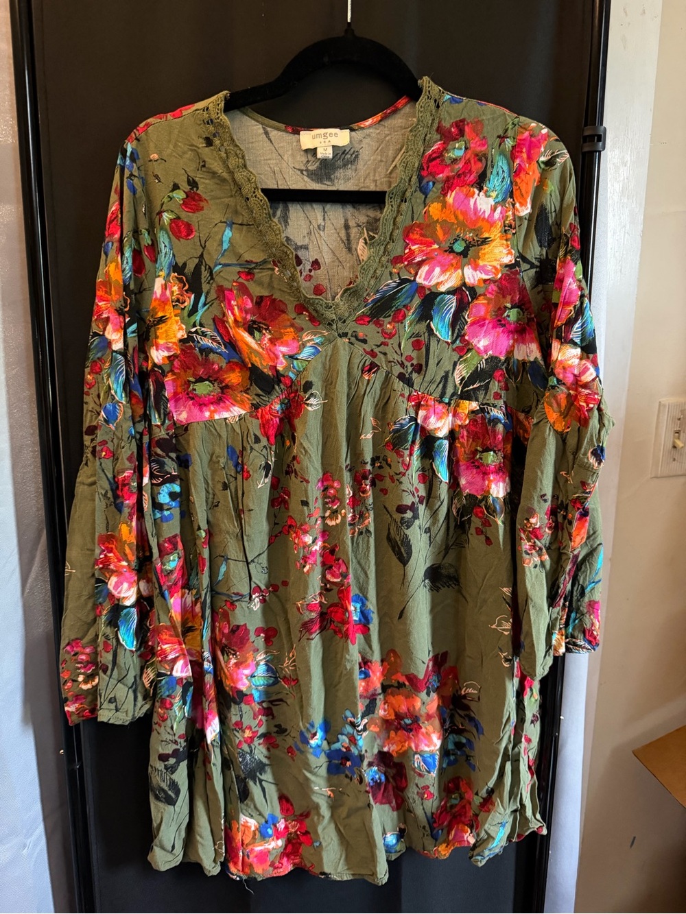 Umgee Olive Floral V-Neck Long Sleeve Tunic with Bright Blooms